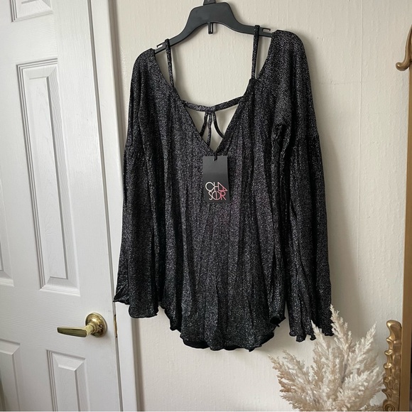 NWT Chaser/Revolve Glitter Long Sleeve Strappy Top 🖤✨ M - Picture 2 of 10